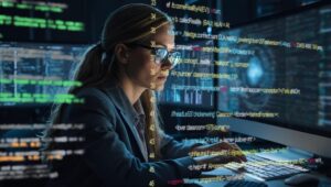 Frau, die vor Bildschirmen sitzt und programmiert